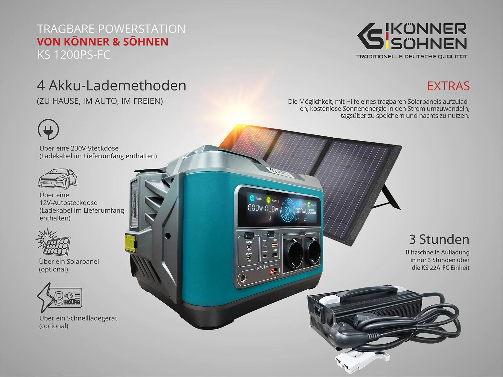 Centrale électrique portable KS 1200PS-FC avec batterie intégrée, puissance  nominale 1200 W, de crête 2600 W, batterie 1110 Wh